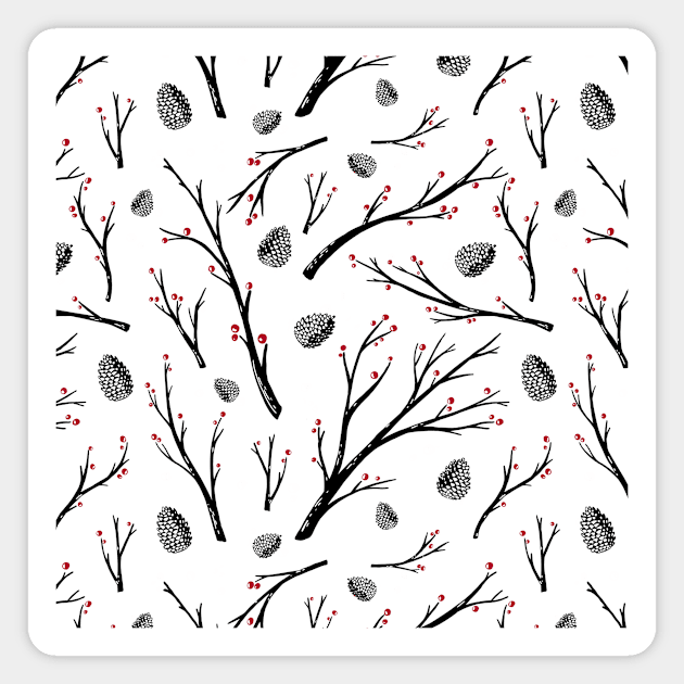 Winter trees with berries and cones. New Year and Christmas print Magnet by Lena Sfinks